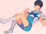  1boy black_hair blue_eyes character_name gesshi high_speed! male_focus nanase_haruka_(free!) sailor_uniform shorts socks tongue_out 