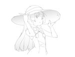  :&lt; braid dress greyscale hat lillie_(pokemon) long_hair looking_at_viewer monochrome ookamiuo pokemon pokemon_(game) pokemon_sm simple_background solo sun_hat twin_braids upper_body white_background 