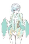  blue_hair blush clothes_lift holding looking_at_viewer male_focus maromarone mikleo_(tales) purple_eyes solo tales_of_(series) tales_of_zestiria white_background white_hair 
