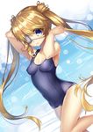  abondz bangs blonde_hair blue_eyes blue_swimsuit blurry blush breasts collarbone covered_navel depth_of_field eyebrows eyebrows_visible_through_hair eyepatch hair_between_eyes leg_up lens_flare long_hair looking_at_viewer medical_eyepatch nakatsu_shizuru one-piece_swimsuit parted_lips rewrite school_swimsuit shade small_breasts solo sparkle standing standing_on_one_leg swimsuit twintails 