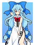  ;) adapted_costume alternate_hairstyle bare_arms bare_shoulders blue_hair blush bow bowtie commentary cowboy_shot dress eruru_(erl) hair_bow hand_behind_head highres hinanawi_tenshi large_bow long_hair looking_at_viewer low-tied_long_hair no_hat no_headwear one_eye_closed red_eyes side_slit sketch sleeveless smile solo touhou very_long_hair 