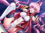  1girl blush censored ekusutia_chevalier female game_cg kouyoku_senki_exs-tia kouyoku_senki_exs-tia_2 lips long_hair lusterise magical_girl midriff navel open_mouth peeing pink_hair ponytail purple_eyes restrained sitting solo spread_legs teeth tentacle thighhighs tongue torn_clothes torn_skirt 