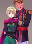  1girl agdar_(frozen) aiguillette blonde_hair blue_eyes blush brown_hair cape corset elsa_(frozen) epaulettes facial_hair father_and_daughter frozen_(disney) fujimaru_(kinakomucch) full-face_blush hair_up hands_on_another's_shoulders lipstick looking_at_viewer makeup medal military military_uniform mustache red_lipstick uniform yellow_eyes 