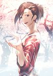  brown_hair cherry_blossoms earrings hair_ornament hairclip idolmaster idolmaster_side-m jewelry kojijima looking_at_viewer male_focus open_mouth outstretched_hand ponytail shirt smile solo striped striped_shirt tree upper_body watanabe_minori 