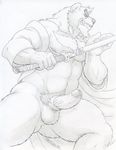  2016 action_pose animal_genitalia anthro balls bear dudebulge erection fighting_stance glans greyscale grin holding_object holding_weapon humanoid_penis katana kumatetsu low-angle_view male mammal melee_weapon monochrome mostly_nude muscular nipples pencil_(artwork) penis pubes retracted_foreskin sharp_teeth sheath signature solo sword teeth the_boy_and_the_beast traditional_media_(artwork) uncut vein veiny_penis weapon 