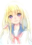  :3 blonde_hair blush closed_mouth eyebrows eyebrows_visible_through_hair head_tilt long_hair looking_at_viewer neckerchief original pink_eyes school_uniform serafuku simple_background sketch sleeves_past_wrists solo white_background yamori_(stom) 