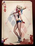  1girl baseball_bat batman_(series) blonde_hair blue_eyes blue_hair breasts card dc_comics fishnet_pantyhose fishnets full_body gun harley_quinn high_heel_boots lipstick makeup pink_hair short_shorts shorts smile solo suicide_squad twintails 