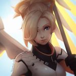  artist_name black_gloves blonde_hair blue_background blue_eyes bodysuit closed_mouth gloves hair_over_one_eye holding koyorin looking_at_viewer mechanical_wings mercy_(overwatch) overwatch ponytail red_lips short_hair simple_background solo upper_body watermark web_address wings yellow_wings 