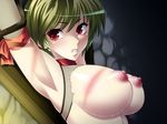  1girl arms_up bdsm bondage breasts character_request clenched_teeth female fishnets g-spot game_cg green_hair large_breasts morning_star_(company) ninja nipples red_eyes short_hair solo torn_clothes whip_marks 
