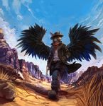  2015 anthro avian belt black_fur blue_eyes boots canyon clothed clothing cowboy desert feathered_wings feathers footwear fur gryphon gun handgun hat holster jacket jeans male neckerchief pants ranged_weapon revolver rock shirt shoes skull solo thanshuhai weapon western wings 