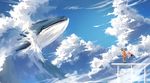  1girl alba_(senyuu) animal black_gloves brown_hair cloud day flying_whale from_behind ginryuu gloves green_shorts highres jacket long_hair orange_jacket pink_hair portal_(object) ruki_(senyuu) sen'yuu. short_sleeves shorts sky standing water waves whale wind 