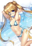  abondz arms_up bangs bikini blonde_hair blue_bikini blue_eyes blurry blush breasts collarbone depth_of_field dutch_angle eyebrows eyebrows_visible_through_hair eyepatch hair_between_eyes leg_up lens_flare long_hair looking_at_viewer medical_eyepatch nakatsu_shizuru navel parted_lips rewrite shade signature small_breasts solo sparkle standing standing_on_one_leg stomach string_bikini striped striped_bikini swimsuit twintails tying untied untied_bikini very_long_hair 