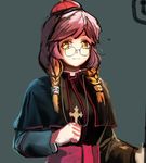  1girl alternate_costume alternate_hairstyle bangs bespectacled blonde_hair braid christianity cross cross_necklace glasses gradient_hair hat highres hijiri_byakuren hijiwryyyyy holding_cross jewelry long_sleeves looking_at_viewer multicolored_hair necklace priest purple_hair round_eyewear sketch smile solo touhou twin_braids unfinished upper_body yellow_eyes 