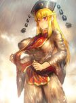  =3 black_dress blonde_hair blush breasts chinese_clothes clothes_lift commentary_request cowboy_shot crescent dress hat highres huge_breasts junko_(touhou) lifted_by_self long_hair long_sleeves melon22 rain red_eyes solo tabard touhou wet wet_clothes wide_sleeves 