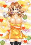  1girl apron bare_shoulders blue_eyes blush breast_hold breasts brown_hair cleavage large_breasts long_hair looking_at_viewer milf mitsuko_(pokemon) naked_apron open_mouth pokemon pokemon_(anime) smile solo standing takecha wavy_hair 