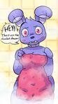  animatronic blush bonnie_(fnaf) breasts cleavage clothed clothing crossgender dialogue embarrassed english_text female five_nights_at_freddy&#039;s lagomorph looking_at_viewer machine mammal mizumew pink_eyes rabbit robot shower side_hips speech_bubble talking_to_viewer text towel video_games wet 