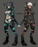  abs bangs black_hair blonde_hair bodysuit breasts commentary_request dark_skin dated digitigrade expressionless glowing green_eyes grey_background hair_between_eyes hairband ikeshita_moyuko impossible_bodysuit impossible_clothes large_breasts mecha_musume mechanical_arm mechanical_legs original ponytail red_eyes shadow siblings simple_background sketch sword twins weapon 