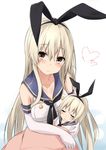  :o bare_shoulders black_ribbon blonde_hair blush breasts cleavage closed_eyes closed_mouth collarbone elbow_gloves eyebrows eyebrows_visible_through_hair eyelashes gloves hair_between_eyes hair_ribbon hairband head_tilt heart highres holding kantai_collection long_hair looking_at_viewer medium_breasts mother_and_daughter multiple_girls parted_lips ribbon saku_(kudrove) school_uniform serafuku shimakaze_(kantai_collection) shirt sleeping sleeveless sleeveless_shirt smile under_covers upper_body very_long_hair white_gloves white_shirt yellow_eyes younger 