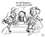  anthro black_and_white caprine clothing dialogue disney electoons fru_fru grease_(movie) judy_hopps mammal monochrome pig porcine sheep shrew sketch table text zootopia 