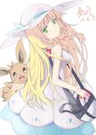  :t bag blonde_hair braid dress eevee from_behind gen_1_pokemon green_eyes hat highres lillie_(pokemon) long_hair looking_back nainai pokemon pokemon_(creature) pokemon_(game) pokemon_sm pout sleeveless sleeveless_dress sun_hat twin_braids white_dress 