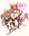  animal_ears arrow bangs between_fingers black_gloves bow_(weapon) breasts brown_hair cleavage coat erune eyebrows eyebrows_visible_through_hair eyelashes fingerless_gloves from_above full_body gloves granblue_fantasy hair_ornament highres holding holding_weapon kotoribako leotard licking_lips long_hair long_sleeves looking_at_viewer medium_breasts metera_(granblue_fantasy) mole mole_under_mouth outstretched_arm red_eyes sidelocks simple_background smile smoke solo thigh_strap thighhighs tongue tongue_out very_long_hair weapon white_background white_legwear 