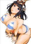  all_fours areolae barefoot bikini black_hair blue_bikini blue_eyes blush bracelet breasts earrings frown headpiece jewelry large_areolae large_breasts menace nipple_slip nipples obmas_(pfeito) open_mouth queen's_blade shadow short_hair simple_background sitting solo striped striped_bikini swimsuit wariza white_background 