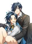  bad_id bad_pixiv_id black_gloves black_hair blue_hair cape eyepatch fang feathers gloves hair_feathers highres male_focus multiple_boys open_mouth sando_(310_sand) shokudaikiri_mitsutada sitting smile taikogane_sadamune touken_ranbu yellow_eyes 