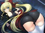  1girl ass black_panties blonde_hair blue_eyes blush bow cameltoe detached_sleeves ekusutia_chevalier female game_cg hair_bow kouyoku_senki_exs-tia kouyoku_senki_exs-tia_2 long_hair long_sleeves looking_at_viewer lusterise panties ponytail red_bow sleeves_past_wrists solo sweater thighhighs white_legwear white_thighhighs 