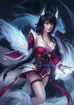  ahri animal_ears bead_bracelet beads black_hair bracelet braid breasts cleavage fox_ears fox_tail jewelry large_breasts league_of_legends lips long_hair marie_magny multiple_tails solo tail thigh_strap very_long_hair whisker_markings yellow_eyes 