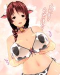  animal_ears animal_print bell bell_collar bikini blush braid breast_hold breasts brown_eyes brown_hair collar cow_bell cow_ears cow_girl cow_horns cow_print front-tie_top hair_over_shoulder highres horns large_breasts lillithlauda long_hair looking_at_viewer navel open_mouth original shiny shiny_skin side-tie_bikini single_braid smile solo swimsuit 