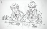  chopsticks closed_eyes cup dated drinking drinking_glass food formal glass glasses graphite_(medium) idolmaster idolmaster_cinderella_girls male_focus monochrome multiple_boys napkin necktie open_mouth producer_(idolmaster_anime) producer_(idolmaster_cinderella_girls_anime) saucer sitting sketch smile striped striped_neckwear suit tokiya traditional_media 