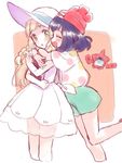  amezawa_koma beanie black_hair blonde_hair blush book braid closed_eyes dress green_eyes hat hug hug_from_behind leg_lift lillie_(pokemon) long_hair mizuki_(pokemon) multiple_girls open_mouth pokemon pokemon_(creature) pokemon_(game) pokemon_sm shirt short_hair shorts sleeveless sleeveless_dress smile standing standing_on_one_leg sun_hat t-shirt twin_braids white_dress yuri 