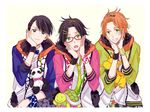  :3 alternate_costume bad_id bad_pixiv_id black_hair brown_eyes fangs fuyumi_jun glasses green_eyes green_neckwear grin hair_ornament hairclip hands_on_own_cheeks hands_on_own_face hood hoodie idol idolmaster idolmaster_side-m iseya_shiki looking_at_viewer male_focus multiple_boys necktie orange_hair pink-framed_eyewear smile stuffed_animal stuffed_giraffe stuffed_panda stuffed_toy stuffed_turtle touta_(10taaa) wakazato_haruna wristband 