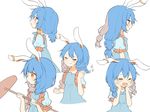  alternate_hairstyle animal_ears bad_id bad_twitter_id blue_dress blue_hair braid bunny_ears closed_eyes dress drill_hair ear_clip kine long_hair low_twintails mallet misha_(hoongju) multi-tied_hair multicolored_hair multiple_views open_mouth profile red_eyes seiran_(touhou) short_sleeves short_twintails simple_background smile tears touhou twin_braids twin_drills twintails white_background 