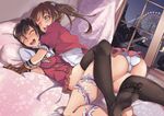  2girls :d alternate_costume artist_name ass bed black_legwear blush breasts brown_gloves brown_hair chikuma_(kantai_collection) closed_eyes dated ferris_wheel fingerless_gloves gloves hair_ribbon kantai_collection large_breasts lights long_hair lying multiple_girls night night_sky on_back one_eye_closed open_mouth panties puffy_short_sleeves puffy_sleeves ribbon round_teeth shimizu_panikku short_sleeves sky smile star_(sky) teeth thighhighs tone_(kantai_collection) twintails underwear white_panties window yuri 