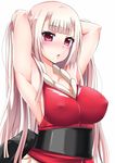  :o adjusting_hair armpits arms_up beatmania beatmania_iidx breasts covered_nipples houou_rinka ini_(mocomocccos) long_hair medium_breasts parted_lips pink_eyes pink_hair simple_background solo white_background 