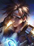  adjusting_goggles artist_name artstation_sample bodysuit bomber_jacket brown_eyes brown_hair emblem gloves goggles highres image_sample jacket jpeg_artifacts light_smile looking_at_viewer overwatch patch qichao_wang short_hair signature solo tracer_(overwatch) upper_body watermark web_address 