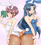  2girls asakura_ryouko ass ass-to-ass bangs bare_shoulders blue_eyes blue_hair blush breasts bunny_ears bunny_tail bunnysuit fake_animal_ears huge_ass leotard long_hair looking_at_viewer multiple_girls nagato_yuki naughty_face pantyhose parted_bangs purple_eyes short_hair small_breasts smile standing suzumiya_haruhi_no_yuuutsu very_long_hair wide_hips wrist_cuffs yellow_eyes yukirin_(nagatoyuki_ibukifuko) yuri 