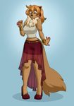  2016 anthro anthrofied big_breasts black_nose blithedragon blue_background breasts brown_eyes brown_fur brown_hair claws clothed clothing eevee female footwear fur hair hi_res high_heels jewelry long_hair navel nintendo pink_claws pok&eacute;mon pok&eacute;morph simple_background skirt solo translucent transparent_clothing tuft video_games 