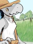  2016 anthro aversioncapacitor digital_media_(artwork) female grey_scales hat lizard nephilim orange_eyes reptile satchel scales scalie solo white_dress 