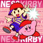  alien black_hair blush clothing crossover duo earthbound_(series) english_text footwear hair hat human kirby kirby_(series) male mammal ness nintendo not_furry open_mouth smile super_smash_bros text video_games ハナサキ 