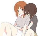  arms_around_waist blush brown_hair girls_und_panzer hug hug_from_behind multiple_girls nashitsuta nishizumi_maho nishizumi_miho short_hair shorts shoulder_kiss siblings white_background 