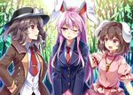  ;o animal_ears bamboo bamboo_forest belt black_hat blazer blue_jacket bow brown_hair brown_jacket bunny_ears buttons carrot_necklace collared_shirt dress_shirt e.o. fedora floppy_ears forest frilled_sleeves frills hair_bow hands_in_pockets hat hat_bow inaba_tewi jacket long_hair long_sleeves multiple_girls nature necktie one_eye_closed open_clothes open_jacket open_mouth pink_hair pink_skirt plant pleated_skirt pocket profile puffy_short_sleeves puffy_sleeves red_eyes red_neckwear red_ribbon reisen_udongein_inaba ribbon ribbon-trimmed_sleeves ribbon_trim shirt short_hair short_sleeves sidelocks skirt touhou unbuttoned usami_renko very_long_hair white_bow white_shirt wing_collar 