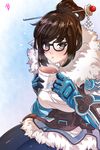  bad_id bad_pixiv_id beads belt belt_pouch black-framed_eyewear blue_gloves blue_legwear blush brown_eyes brown_hair coat cup fur-trimmed_jacket fur_coat fur_trim futo_20 glasses gloves hair_bun hair_ornament hair_stick holding holding_cup jacket looking_at_viewer mei_(overwatch) overwatch parka pouch short_hair sitting smile snowflake_hair_ornament snowflake_print solo utility_belt weapon winter_clothes winter_coat 