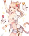  2016 :d animal_ears arm_up bangs bikini_top blonde_hair blue_flower blush bracelet breasts buttons cat_ears cat_girl cleavage collarbone cowboy_shot dancing dated eyebrows eyebrows_visible_through_hair facial_mark fang final_fantasy final_fantasy_xiv flower flying grey_shorts hair_flower hair_intakes hair_ornament highres jewelry long_hair looking_at_viewer medium_breasts miqo'te momoko_(momopoco) moogle navel open_clothes open_mouth open_shirt ponytail purple_eyes red_flower shiny shiny_skin shirt short_shorts shorts simple_background slit_pupils smile solo_focus stomach tail tareme teeth the_monkey twitter_username white_background white_shirt yellow_flower 