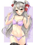  :p akairo_no_mako amatsukaze_(kantai_collection) armpits ass_visible_through_thighs bare_arms bare_shoulders black_hat black_legwear blush bra breasts brown_eyes closed_mouth collarbone cowboy_shot eyelashes flower hair_flower hair_ornament hair_tubes hairband hands_in_hair hat highres kantai_collection lingerie long_hair mini_hat navel panties pink_background purple_bra purple_panties silver_hair simple_background small_breasts smile solo standing star stomach thigh_gap thighhighs tongue tongue_out two_side_up underwear underwear_only very_long_hair 