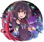  :d asa_(coco) asymmetrical_wings black_dress black_hair blush bow bowtie dress fang floral_background houjuu_nue looking_at_viewer open_mouth pointy_ears polearm red_bow red_eyes red_neckwear short_hair short_sleeves smile snake solo touhou trident upper_body weapon wings 