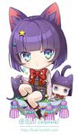  androgynous animal animal_ears bangs blue_eyes blunt_bangs bob_cut bow bowtie cat cat_ears cat_tail chibi closed_eyes full_body green_eyes kneehighs kuroi kuroinyan looking_at_viewer multicolored multicolored_eyes petting pixiv_fantasia pixiv_fantasia_new_world purple_hair red_bow short_hair simple_background sitting star tail tassel twitter_username watermark web_address white_background 