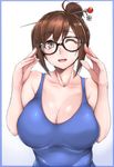  ;d black-framed_eyewear breasts brown_eyes brown_hair cleavage gggg glasses hair_bun hair_ornament hair_stick highres large_breasts mei_(overwatch) one_eye_closed open_mouth overwatch short_hair smile solo tank_top white_background 