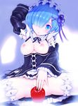  :o apple arm_up bangs black_dress black_ribbon blue_eyes blue_hair blunt_bangs blush breasts covering covering_crotch detached_sleeves dress food frilled_sleeves frills fruit hair_over_one_eye hairband long_sleeves looking_at_viewer maid medium_breasts nipples no_panties parted_lips re:zero_kara_hajimeru_isekai_seikatsu rem_(re:zero) ribbon ribbon-trimmed_collar ribbon-trimmed_legwear ribbon-trimmed_sleeves ribbon_trim short_hair sitting solo spread_legs teruru thighhighs white_legwear wide_sleeves 